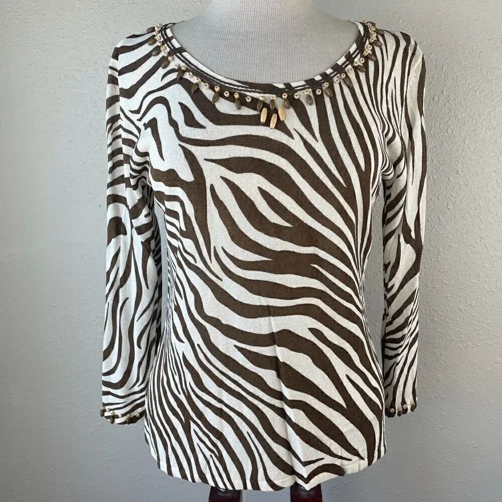 Multiples Cream & Brown Zebra Print Top Size M EUC